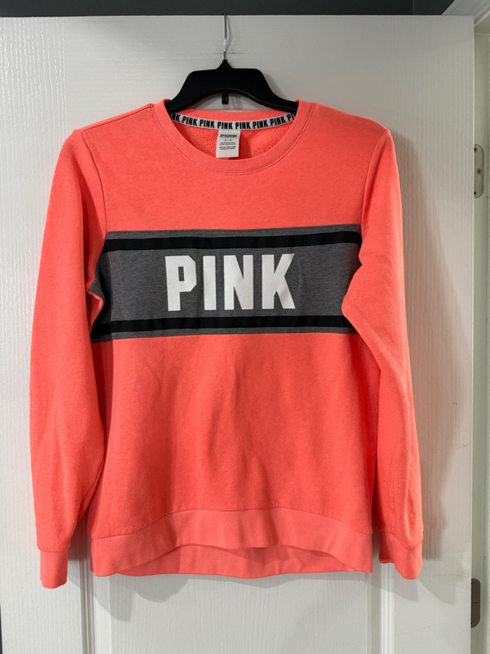 PINK Victoria's Secret Coral Crewneck with Gray Logo Band Size Medium